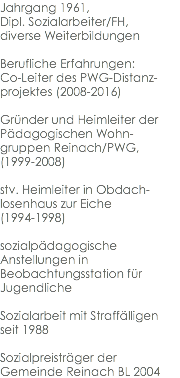 Jahrgang 1961, Dipl. Sozialarbeiter/FH, diverse Weiterbildungen Berufliche Erfahrungen: Co-Leiter des PWG-Distanz-projektes (2008-2016) Gründer und Heimleiter der Pädagogischen Wohn-gruppen Reinach/PWG, (1999-2008) stv. Heimleiter in Obdach-losenhaus zur Eiche (1994-1998) sozialpädagogische Anstellungen in Beobachtungsstation für Jugendliche Sozialarbeit mit Straffälligen seit 1988 Sozialpreisträger der Gemeinde Reinach BL 2004